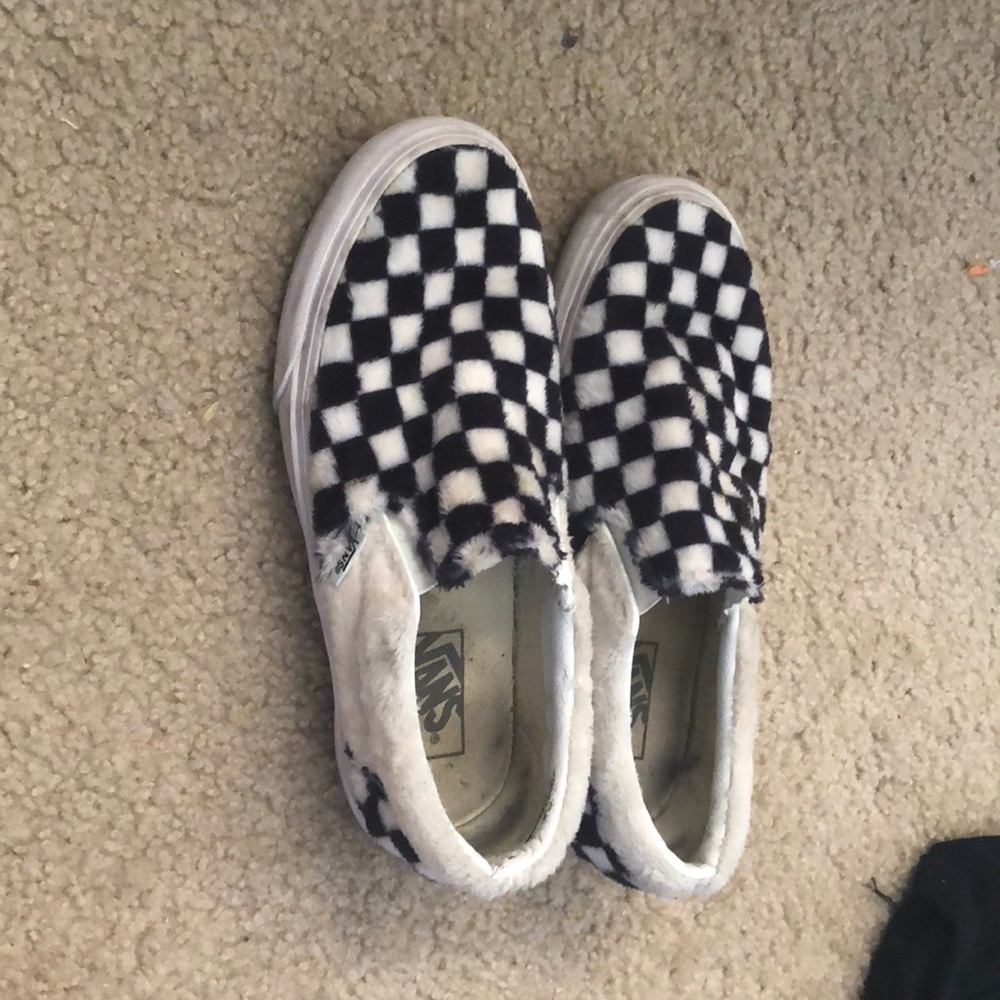 Name brand fuzzy checkered slide on vans